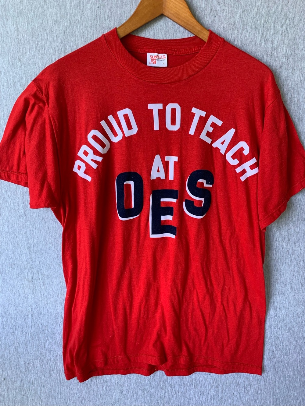 Vintage Proud to Teach at OES Red Tee Shirt Teacher Sunbelt Sportswear